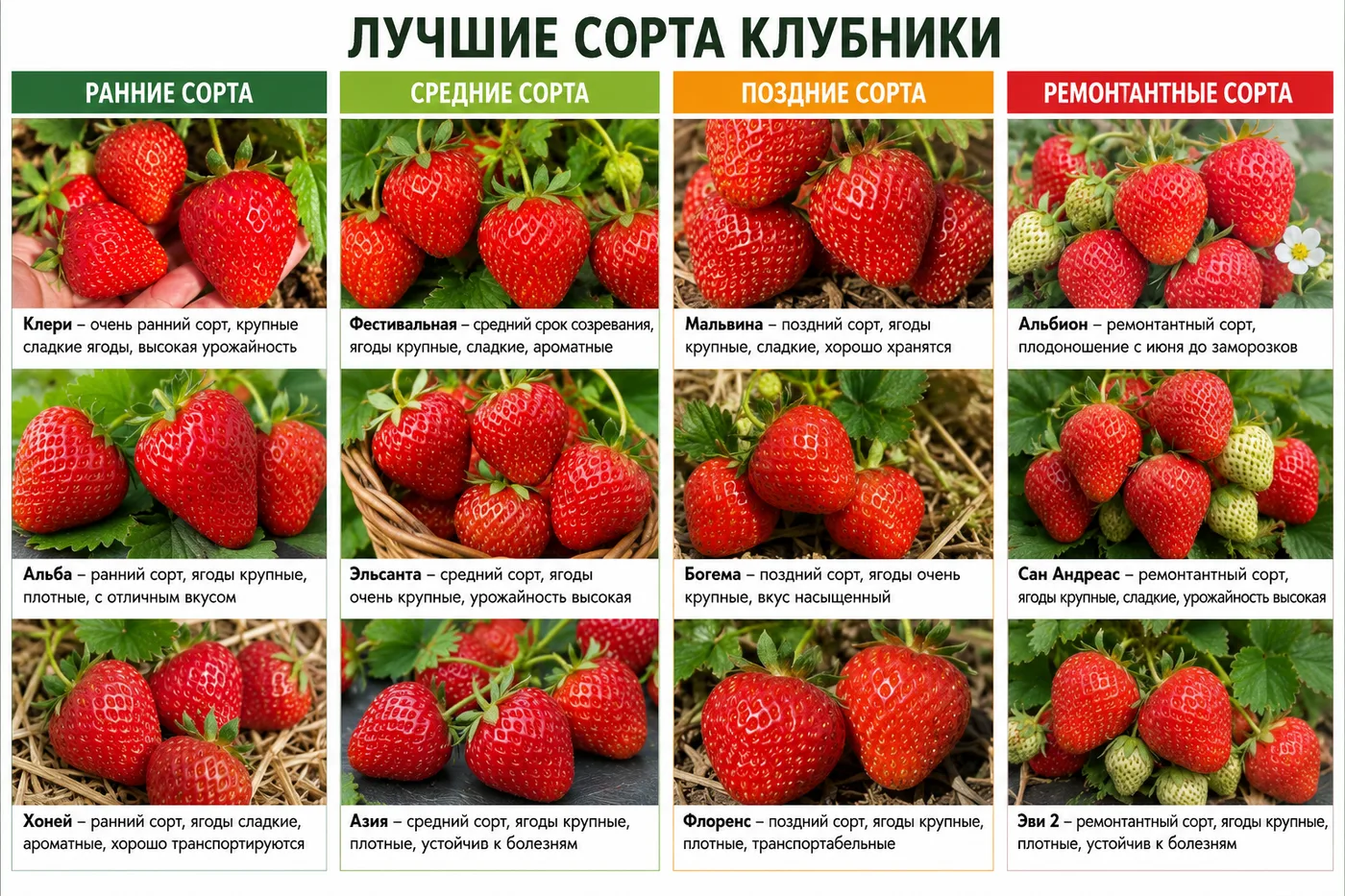 Лучшие сорта клубники ранние, средние, поздние, ремонтантные