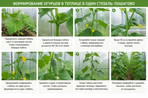 Формирование огурцов в теплице в один стебель: пошагово