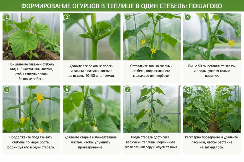 Формирование огурцов в теплице в один стебель пошагово
