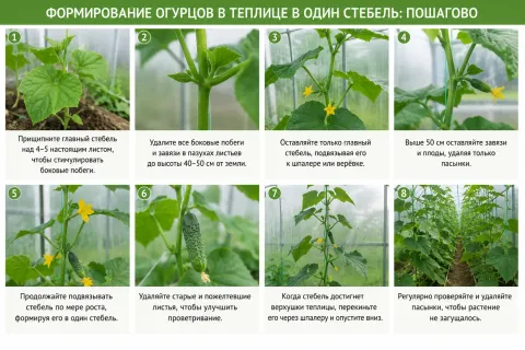 Формирование огурцов в теплице в один стебель: пошагово