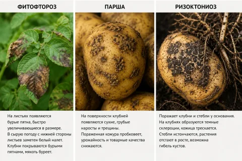 Болезни картофеля: фитофтороз, парша, ризоктониоз — как лечить