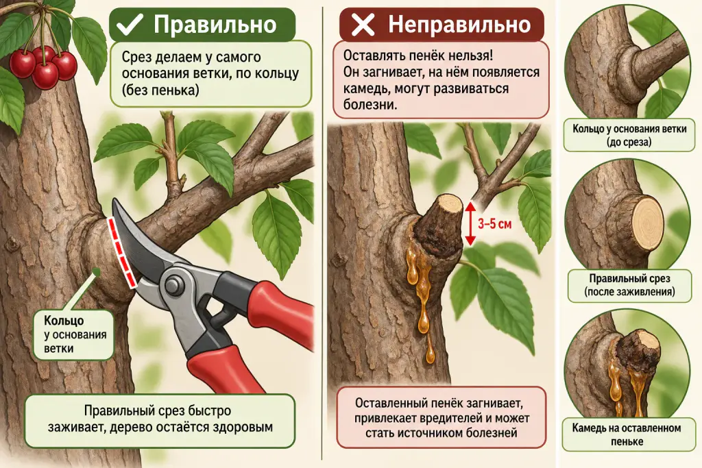 Схема правильного и неправильного среза ветки вишни при обрезке