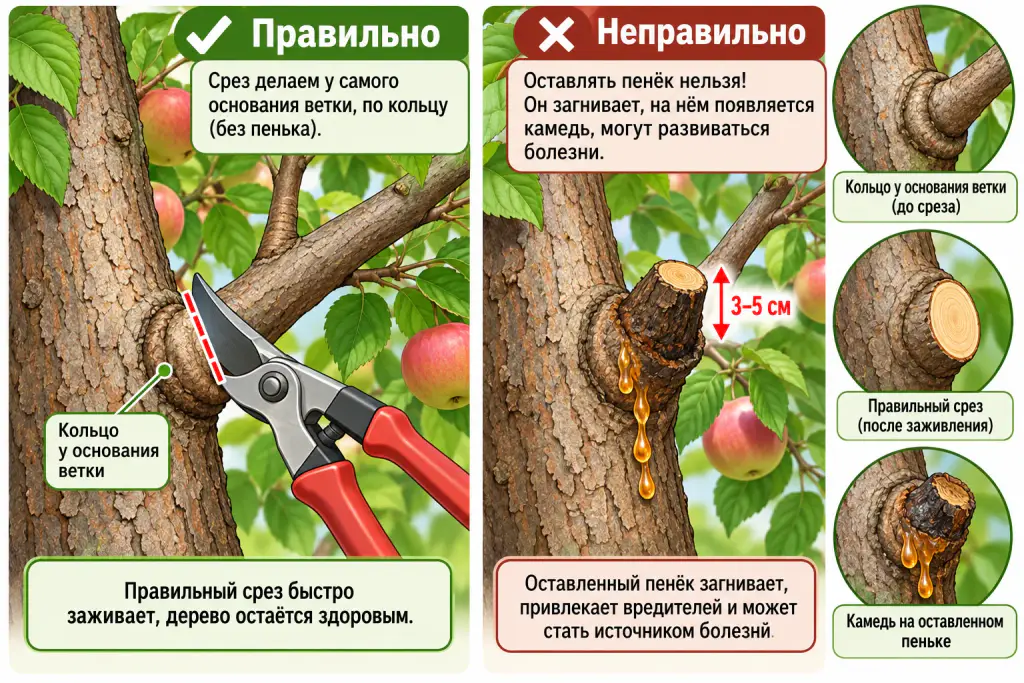 Схема правильной обрезки яблони срез по кольцу ветки vs оставленный пенёк с камедью