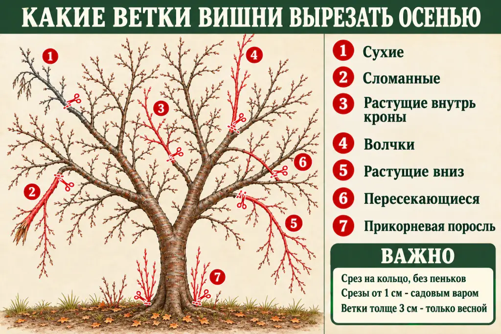 Схема обрезки вишни осенью какие ветки вырезать — сухие, сломанные, растущие внутрь кроны, волчки, растущие вниз, пересекающиеся и прикорневая поросль