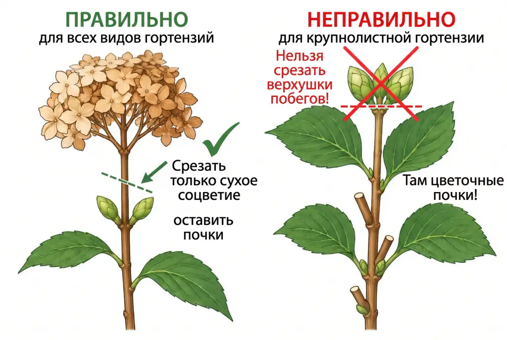 Схема правильный срез соцветия метельчатой гортензии и ошибочный срез верхушки крупнолистной